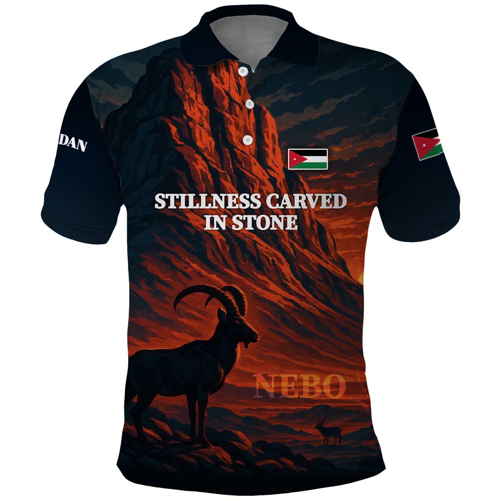 Jordan Nebo Mountain Polo Shirt with Ibex and Desert Rock Landscape TS04