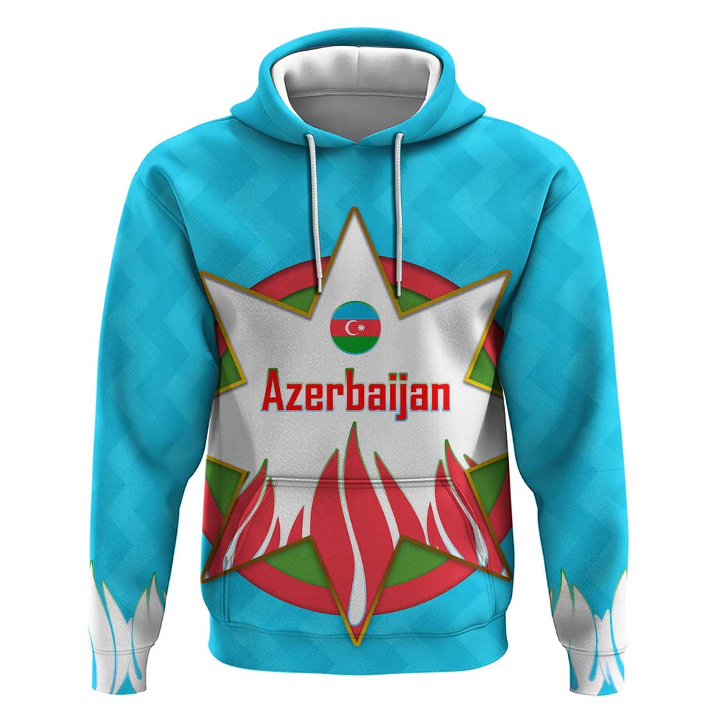 Azerbaijan National Emblem Hoodie with Star and Flame Design in Sky Blue TS04