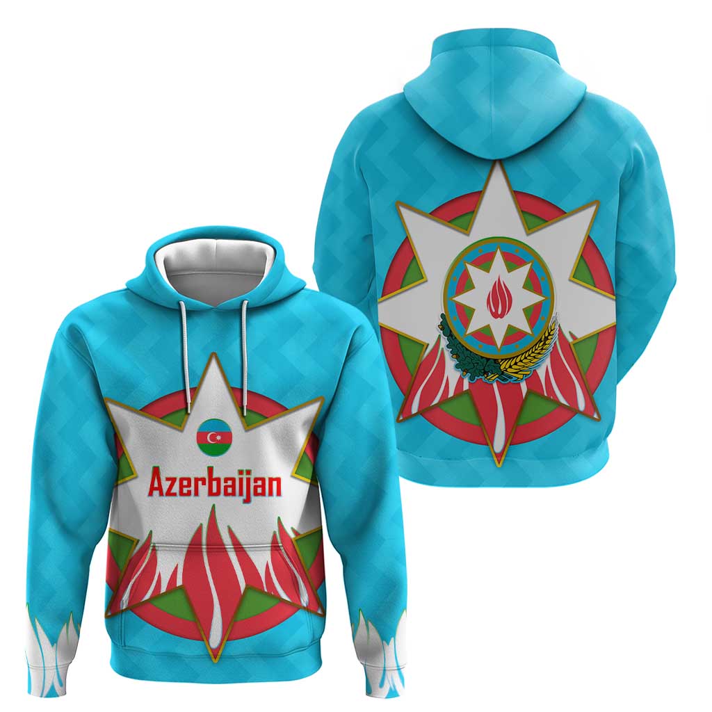Azerbaijan National Emblem Hoodie with Star and Flame Design in Sky Blue TS04