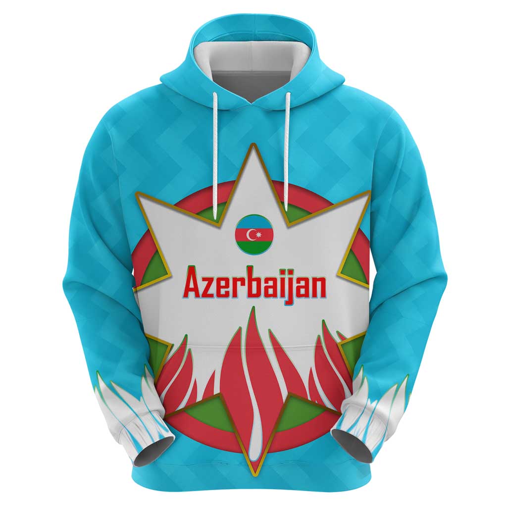 Azerbaijan National Emblem Hoodie with Star and Flame Design in Sky Blue TS04