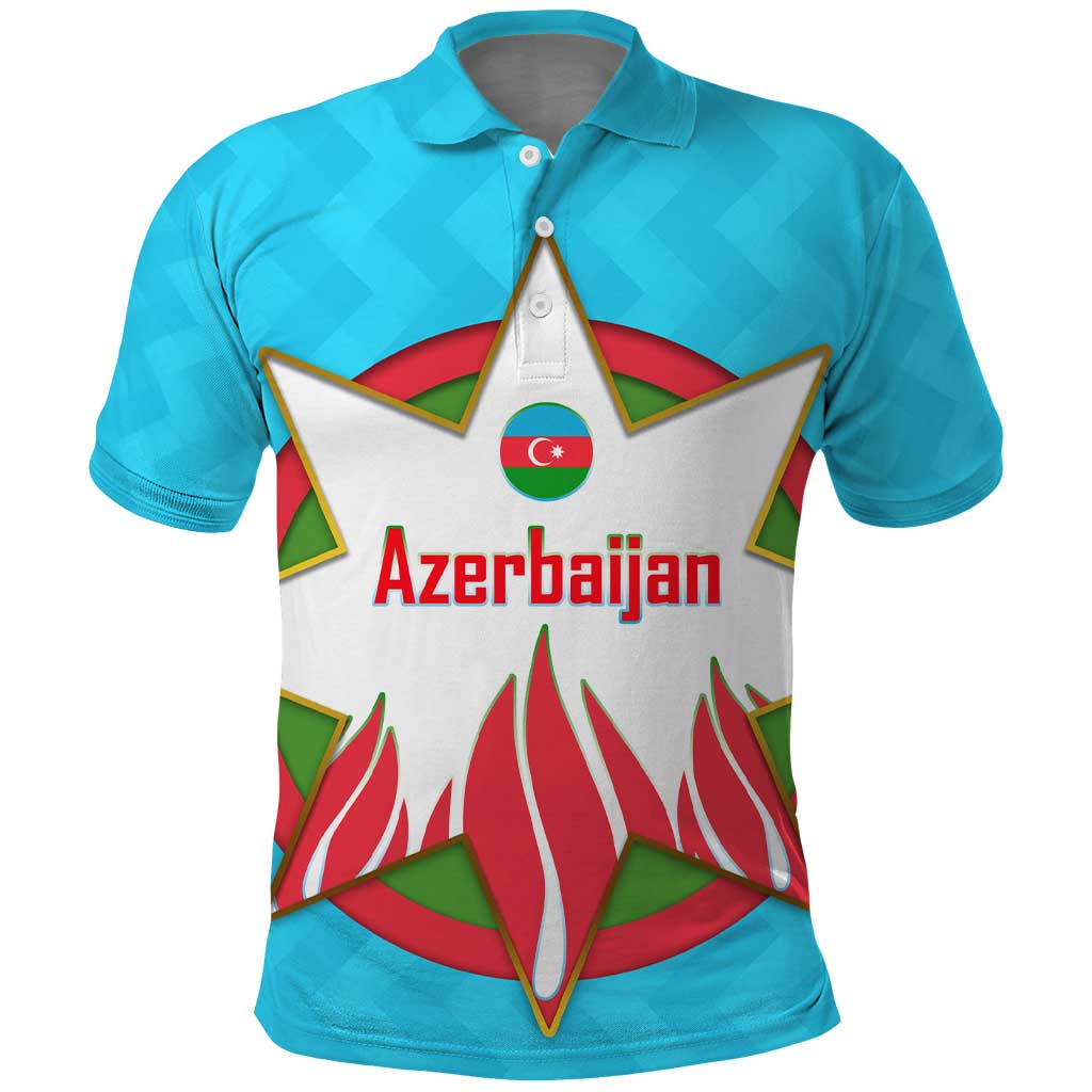 Azerbaijan National Emblem Polo Shirt with Star and Flame Design in Sky Blue TS04