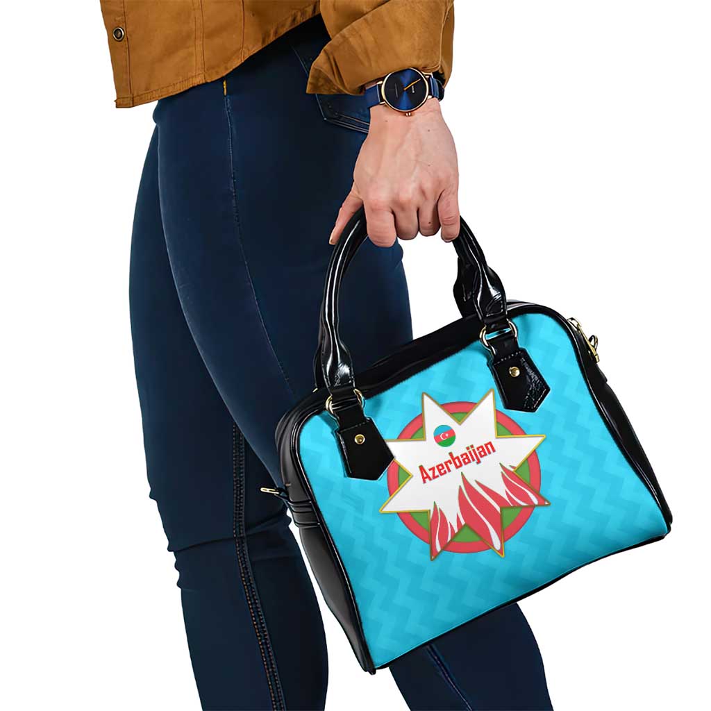 Azerbaijan National Emblem Shoulder Handbag with Star and Flame Design in Sky Blue TS04