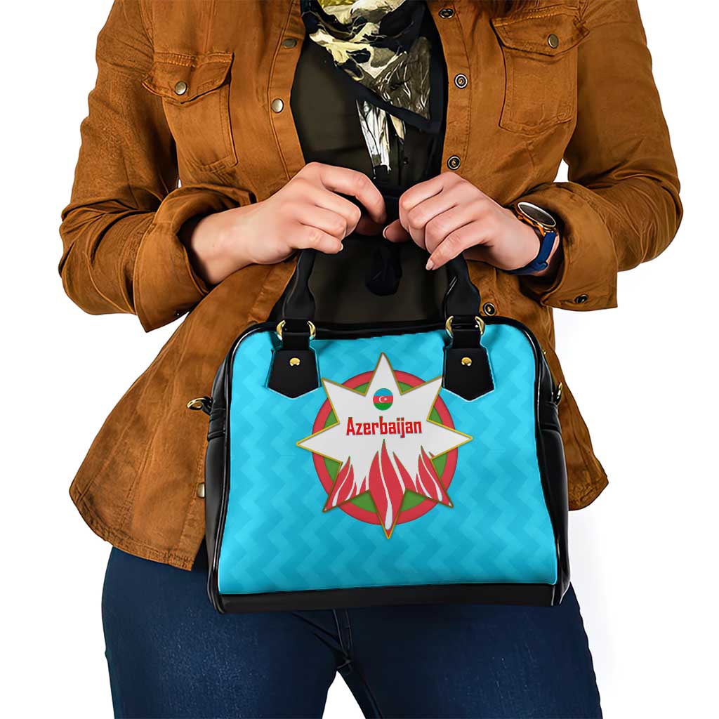 Azerbaijan National Emblem Shoulder Handbag with Star and Flame Design in Sky Blue TS04