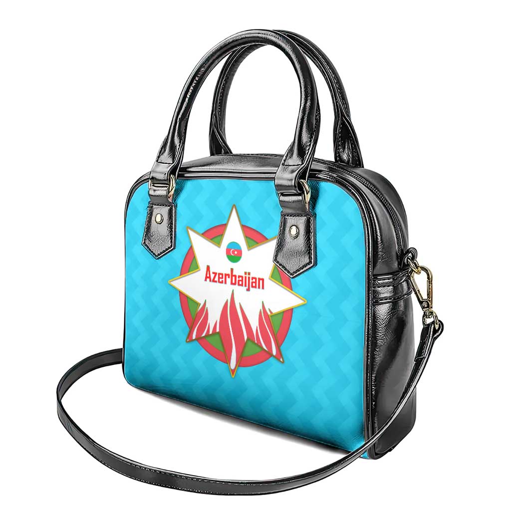 Azerbaijan National Emblem Shoulder Handbag with Star and Flame Design in Sky Blue TS04