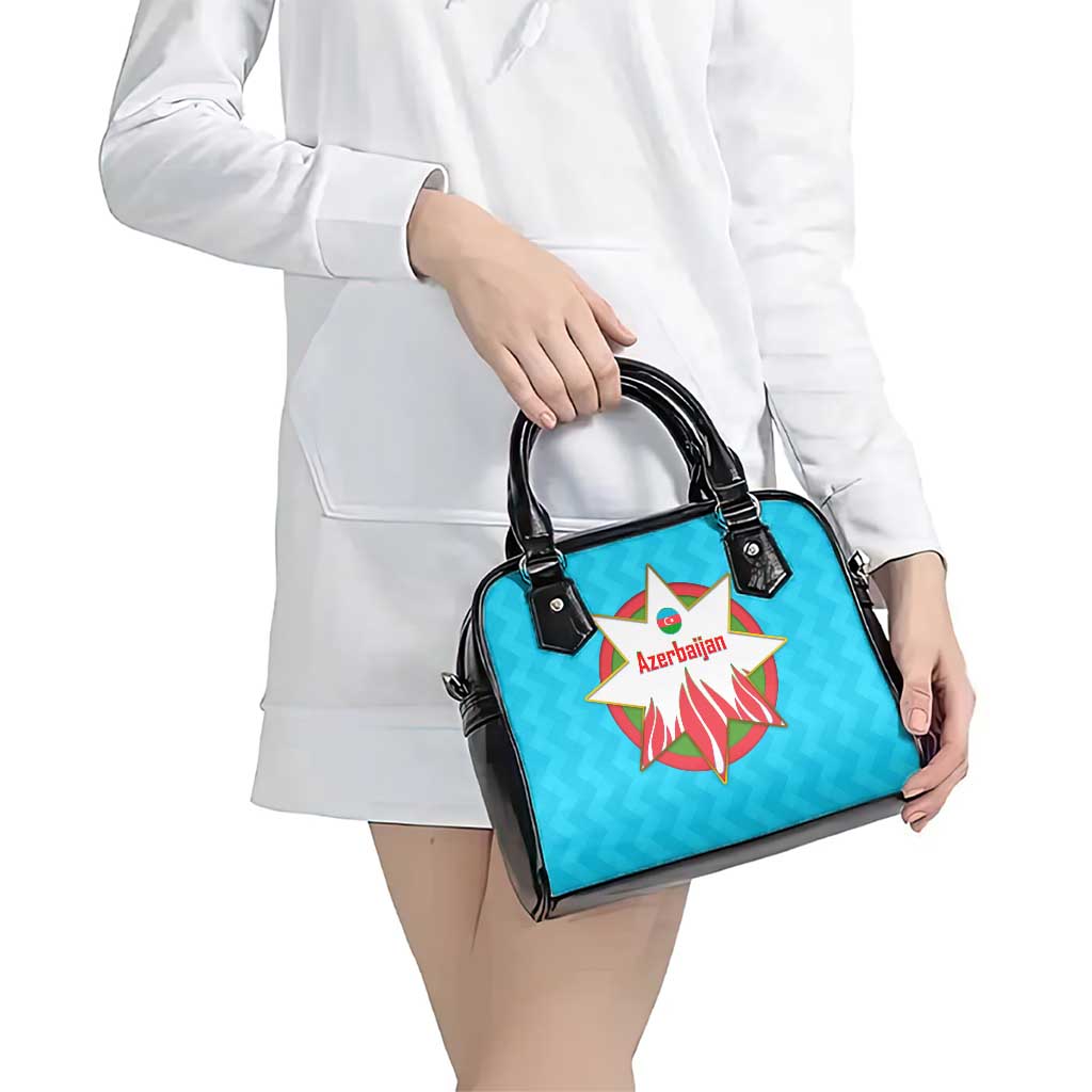 Azerbaijan National Emblem Shoulder Handbag with Star and Flame Design in Sky Blue TS04