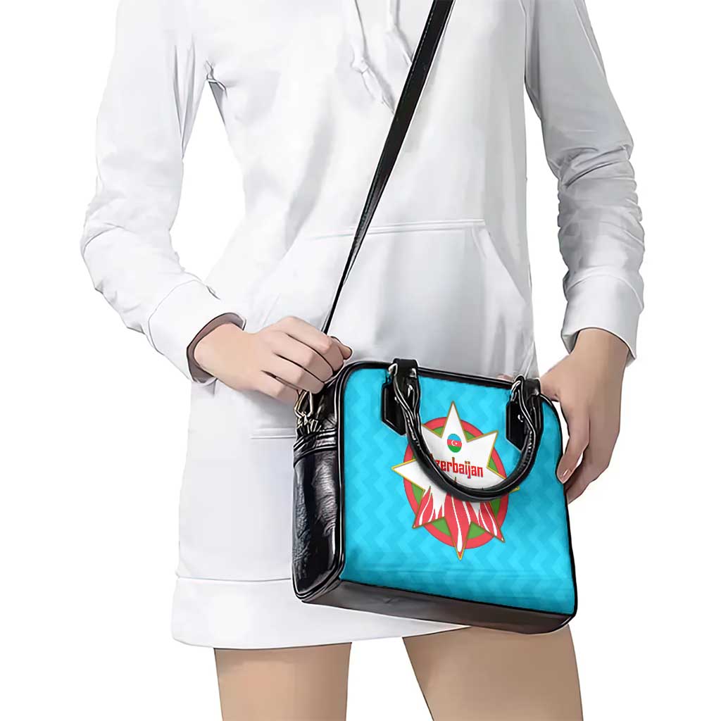 Azerbaijan National Emblem Shoulder Handbag with Star and Flame Design in Sky Blue TS04
