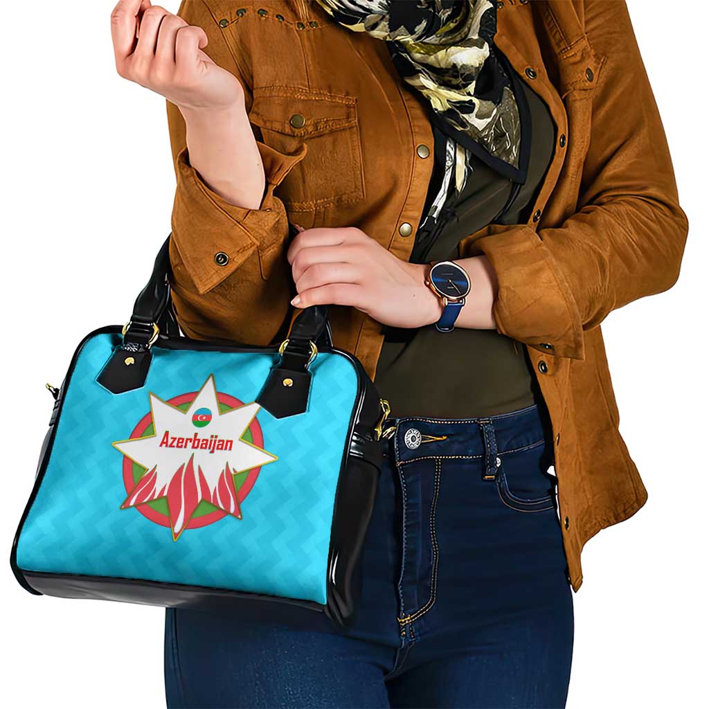 Azerbaijan National Emblem Shoulder Handbag with Star and Flame Design in Sky Blue TS04