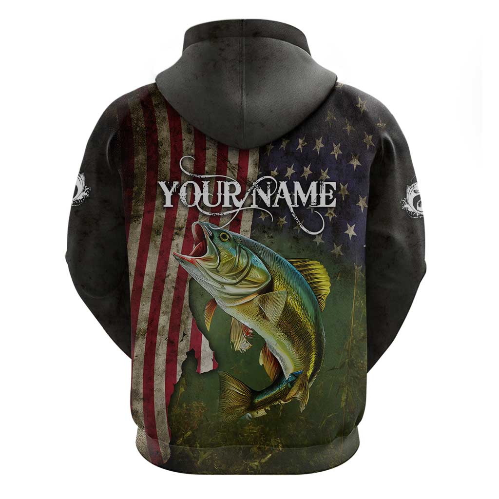 Personalized Walleye Fishing Hoodie American Flag Background and Green Grunge Style Design TS04