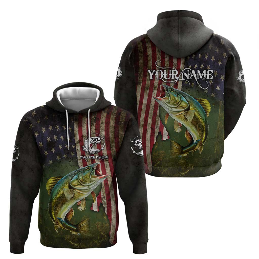 Personalized Walleye Fishing Hoodie American Flag Background and Green Grunge Style Design TS04