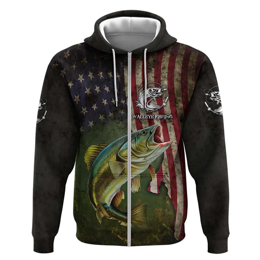 Personalized Walleye Fishing Hoodie American Flag Background and Green Grunge Style Design TS04
