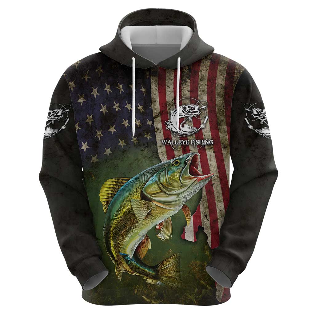 Personalized Walleye Fishing Hoodie American Flag Background and Green Grunge Style Design TS04