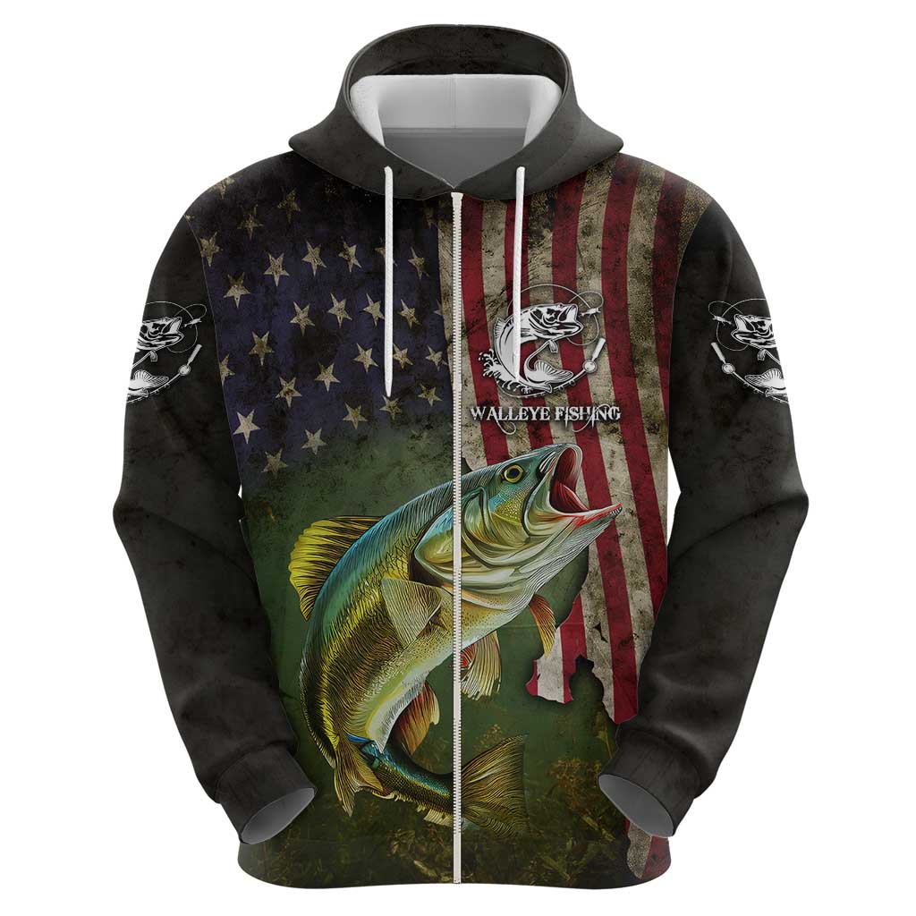 Personalized Walleye Fishing Hoodie American Flag Background and Green Grunge Style Design TS04