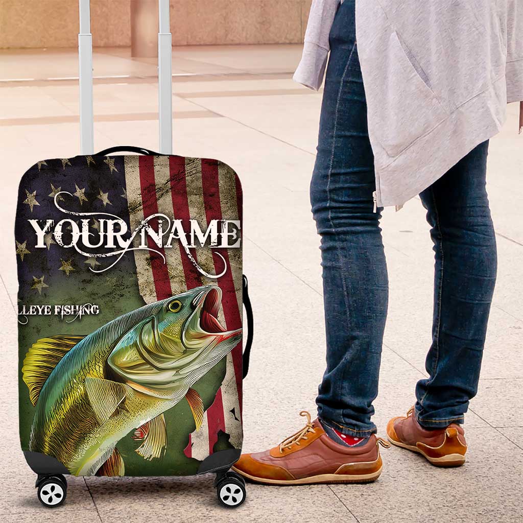 Personalized Walleye Fishing Luggage Cover American Flag Background and Green Grunge Style Design TS04