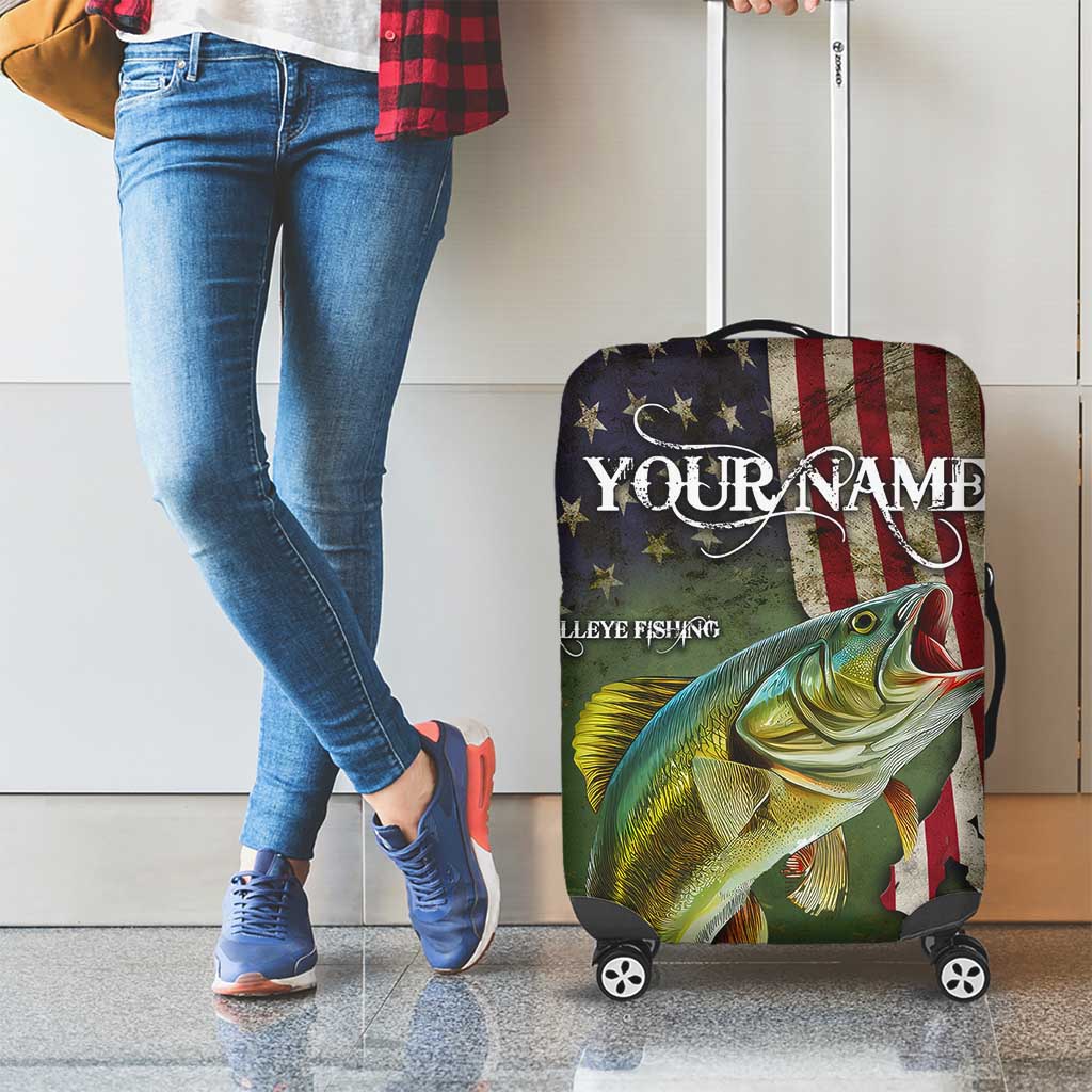 Personalized Walleye Fishing Luggage Cover American Flag Background and Green Grunge Style Design TS04