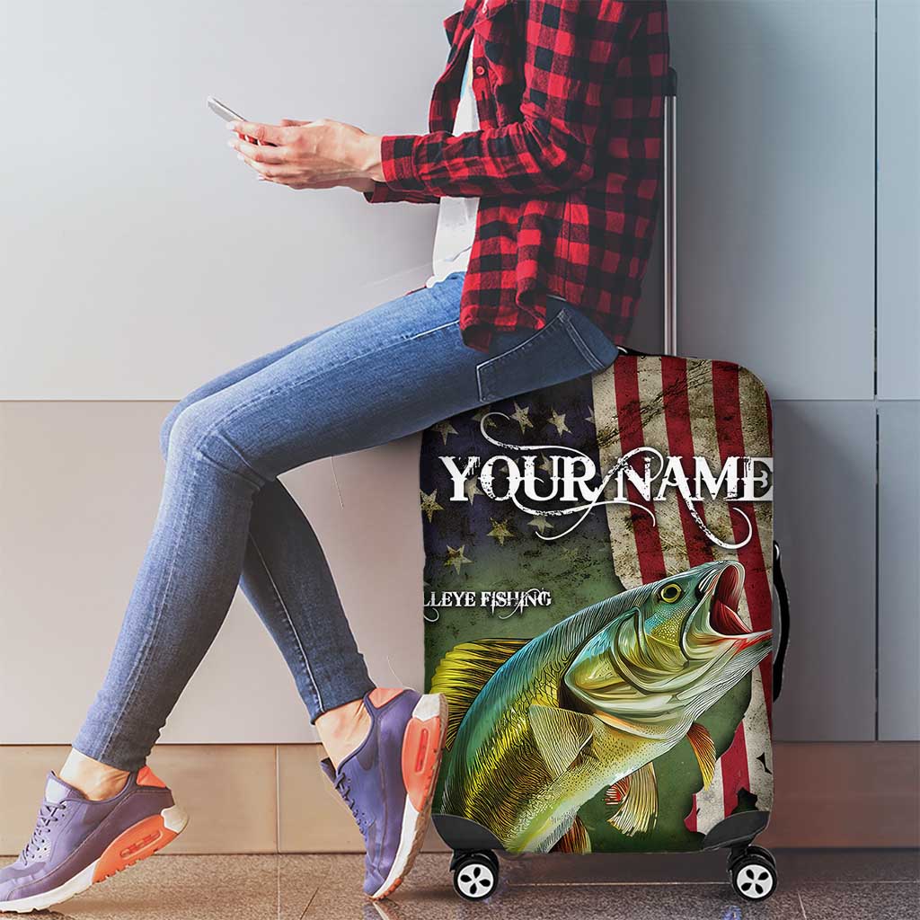 Personalized Walleye Fishing Luggage Cover American Flag Background and Green Grunge Style Design TS04