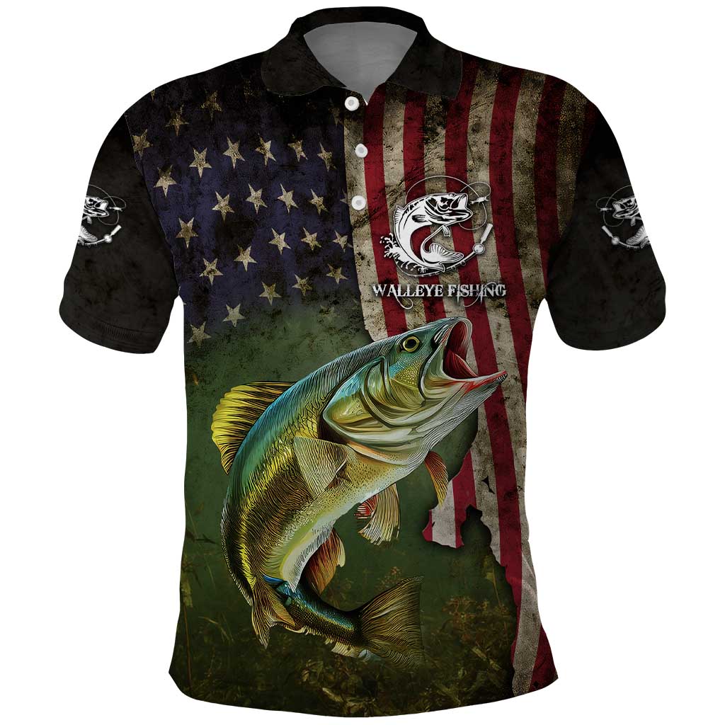 Personalized Walleye Fishing Polo Shirt American Flag Background and Green Grunge Style Design TS04
