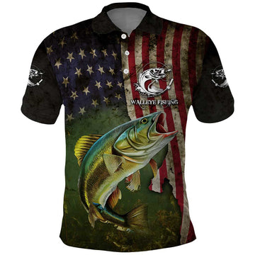 Personalized Walleye Fishing Polo Shirt American Flag Background and Green Grunge Style Design TS04
