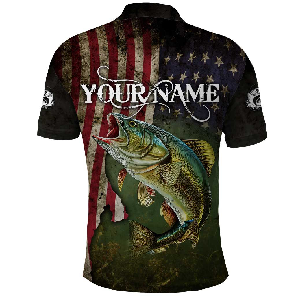 Personalized Walleye Fishing Polo Shirt American Flag Background and Green Grunge Style Design TS04