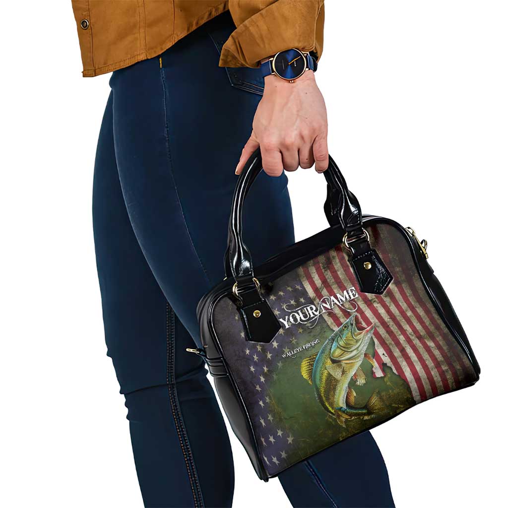 Personalized Walleye Fishing Shoulder Handbag American Flag Background and Green Grunge Style Design TS04