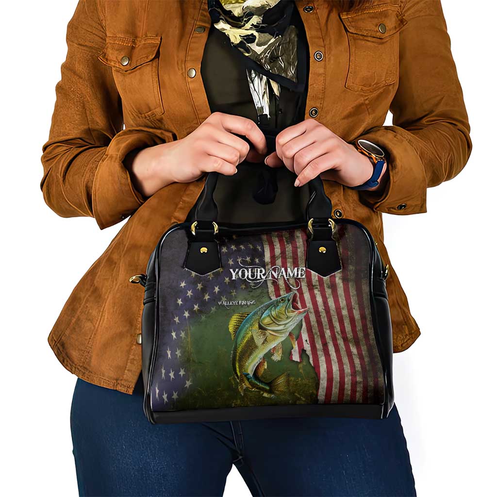 Personalized Walleye Fishing Shoulder Handbag American Flag Background and Green Grunge Style Design TS04