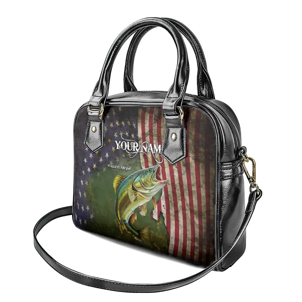 Personalized Walleye Fishing Shoulder Handbag American Flag Background and Green Grunge Style Design TS04