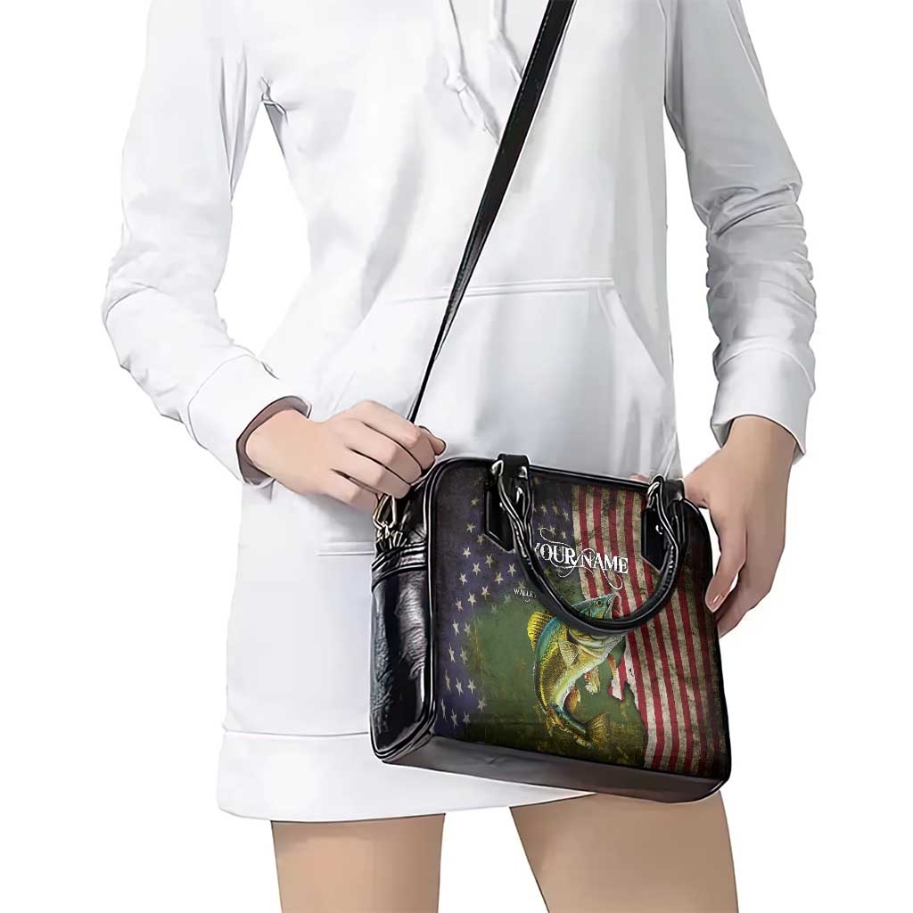 Personalized Walleye Fishing Shoulder Handbag American Flag Background and Green Grunge Style Design TS04