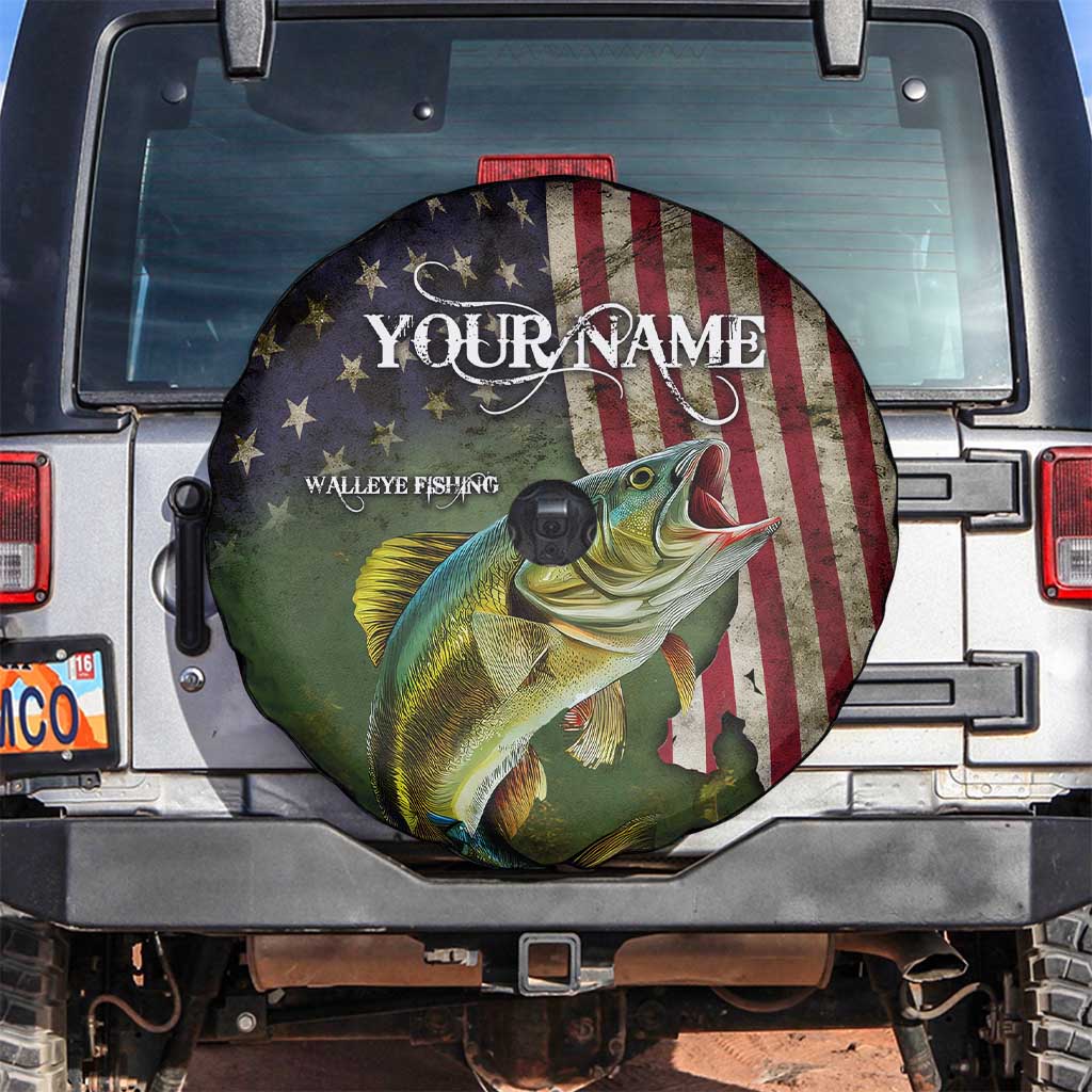 Personalized Walleye Fishing Spare Tire Cover American Flag Background and Green Grunge Style Design TS04