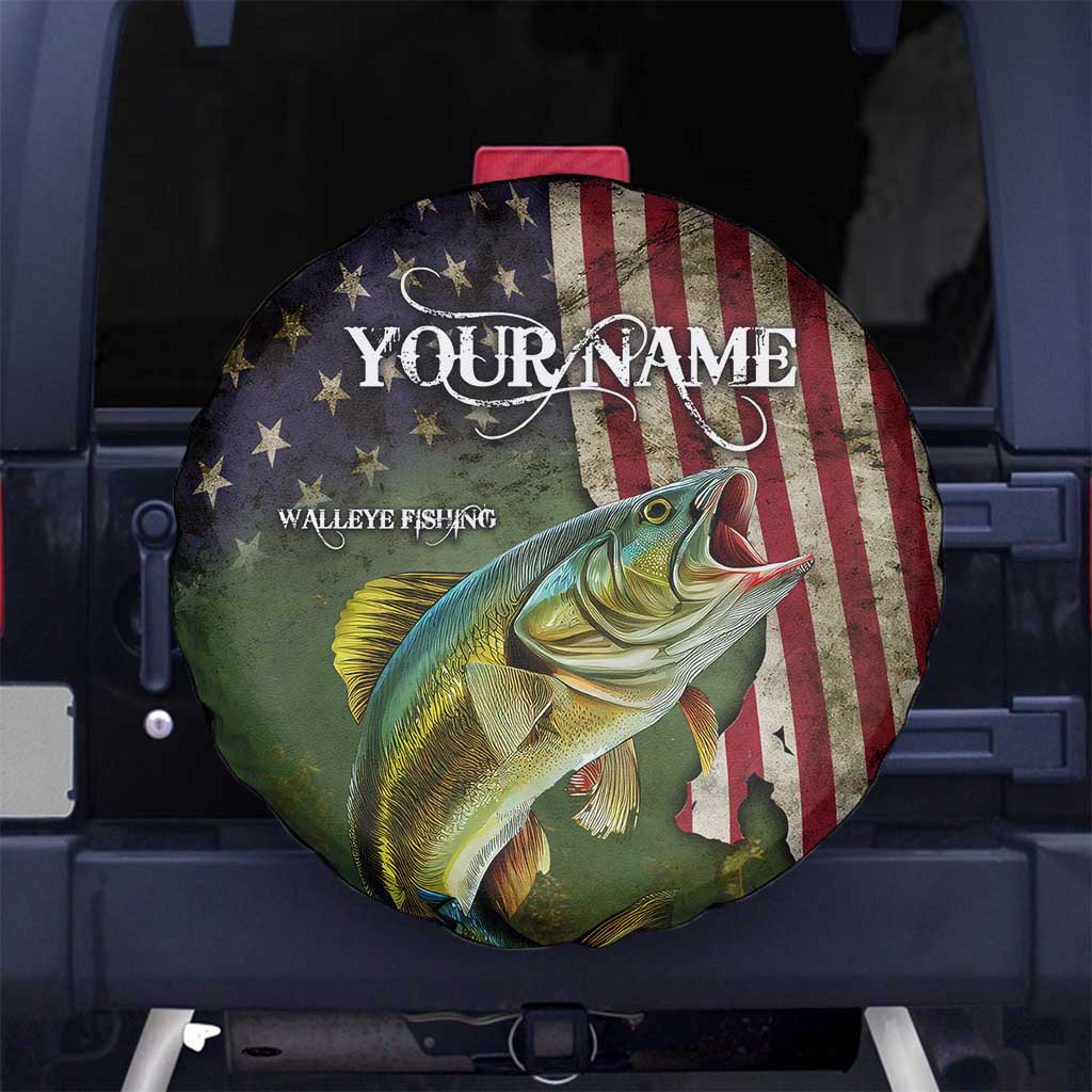 Personalized Walleye Fishing Spare Tire Cover American Flag Background and Green Grunge Style Design TS04
