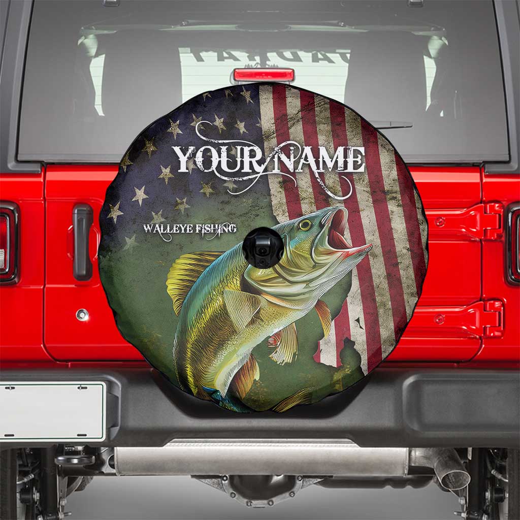 Personalized Walleye Fishing Spare Tire Cover American Flag Background and Green Grunge Style Design TS04