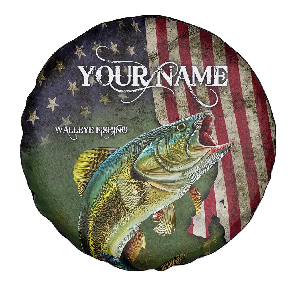 Personalized Walleye Fishing Spare Tire Cover American Flag Background and Green Grunge Style Design TS04