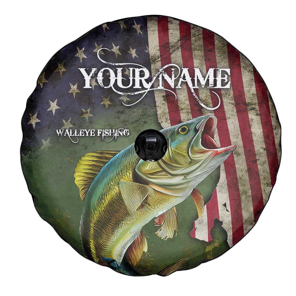 Personalized Walleye Fishing Spare Tire Cover American Flag Background and Green Grunge Style Design TS04