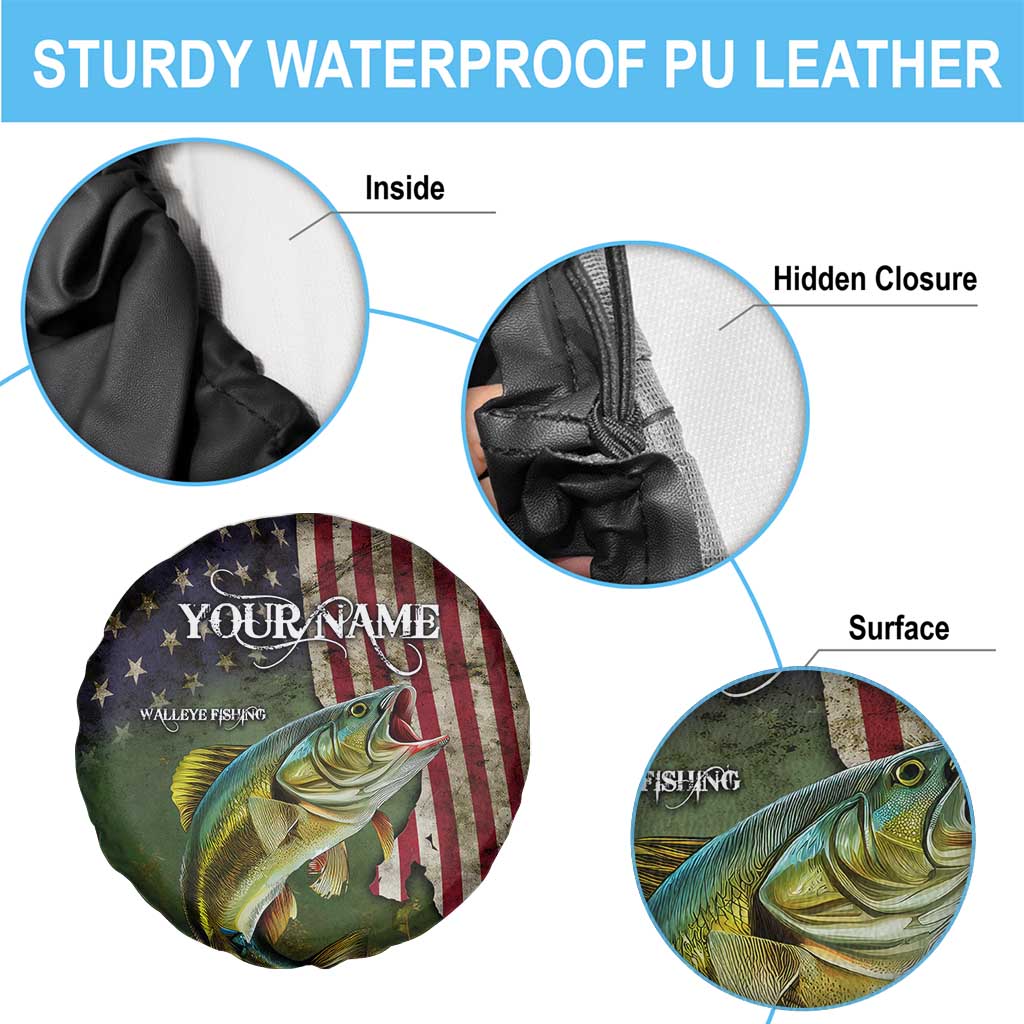 Personalized Walleye Fishing Spare Tire Cover American Flag Background and Green Grunge Style Design TS04