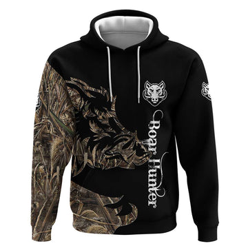 Personalized Boar Hunting Camouflage Hoodie Wild Hog Silhouette and Black Tactical Camo TS04