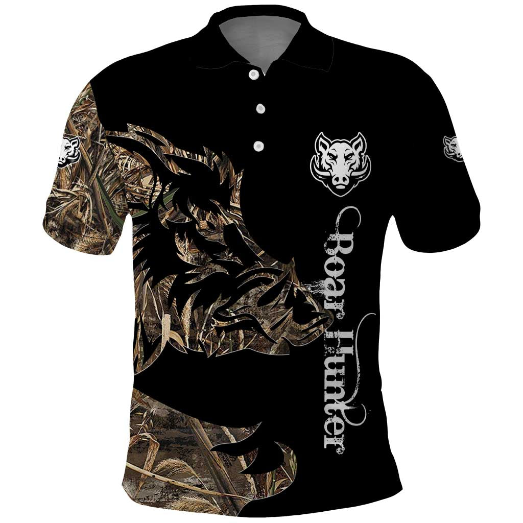 Personalized Boar Hunting Camouflage Polo Shirt Wild Hog Silhouette and Black Tactical Camo TS04