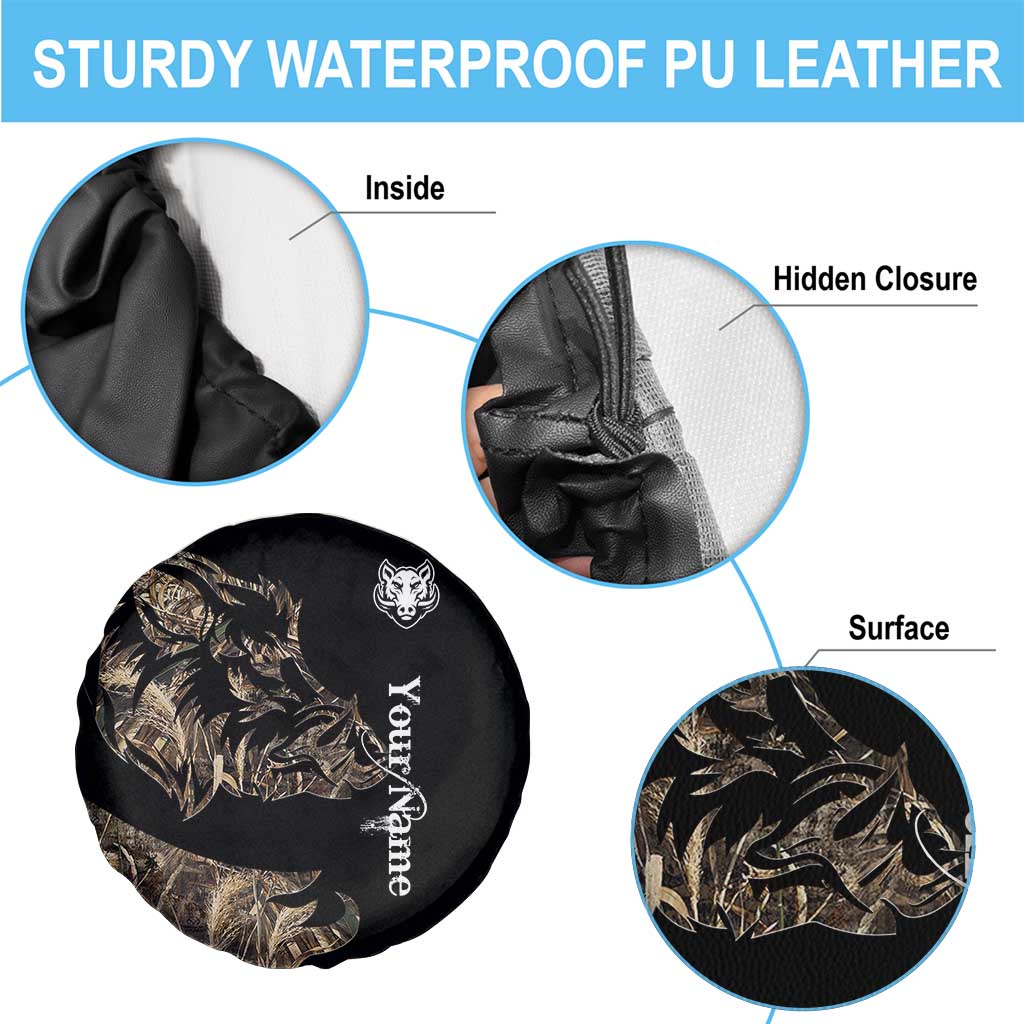 Personalized Boar Hunting Camouflage Spare Tire Cover Wild Hog Silhouette and Black Tactical Camo TS04