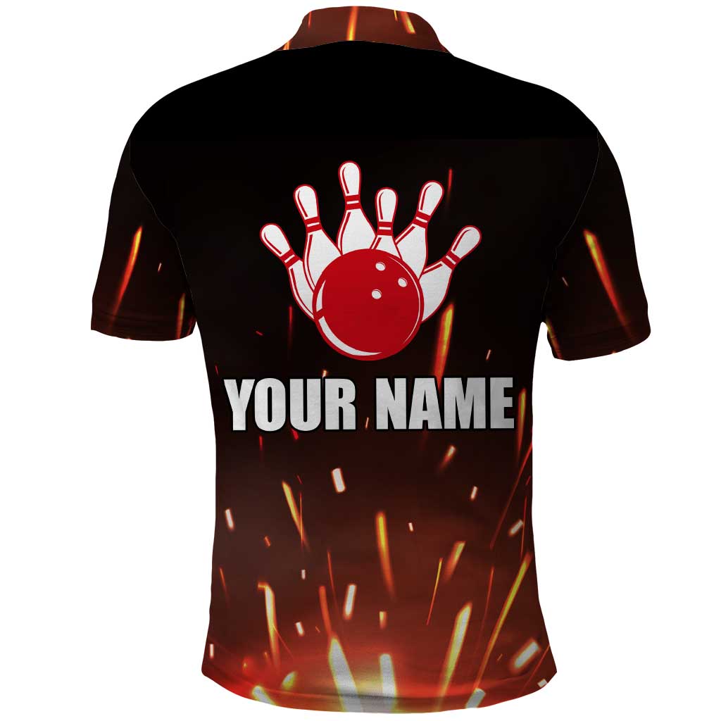 Personalized Bowling Ball and Pins Polo Shirt Fiery Motion Trail and Spark Effect Design TS04