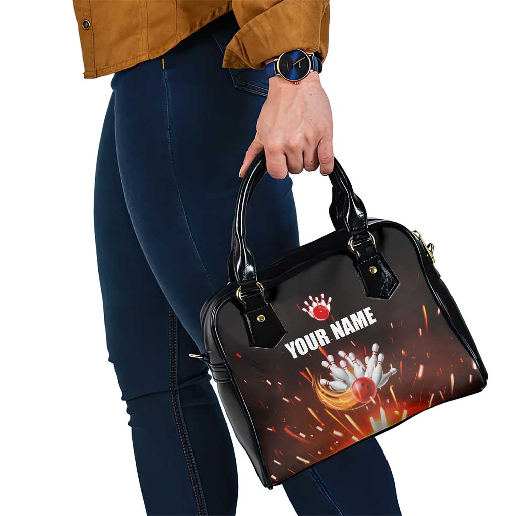 Personalized Bowling Ball and Pins Shoulder Handbag Fiery Motion Trail and Spark Effect Design TS04