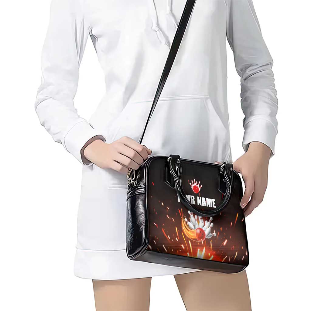Personalized Bowling Ball and Pins Shoulder Handbag Fiery Motion Trail and Spark Effect Design TS04