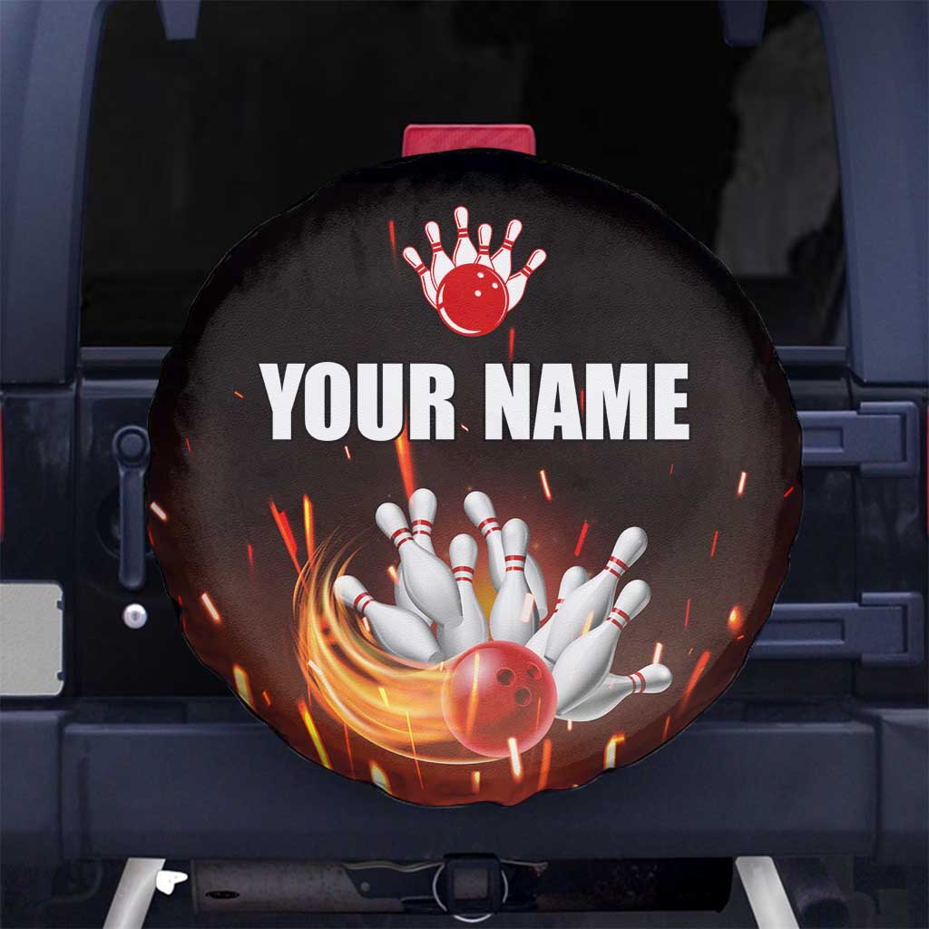 Personalized Bowling Ball and Pins Spare Tire Cover Fiery Motion Trail and Spark Effect Design TS04