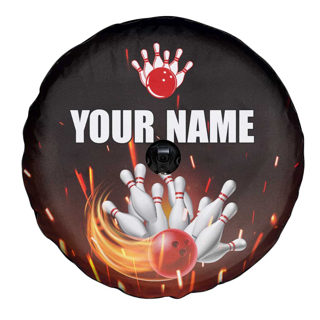 Personalized Bowling Ball and Pins Spare Tire Cover Fiery Motion Trail and Spark Effect Design TS04