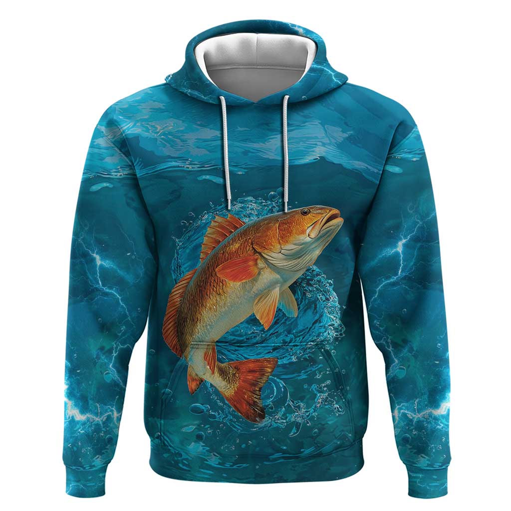 Personalized Redfish Puppy Drum Leaping in Ocean Splash Hoodie Blue Lightning Water Background Design TS04