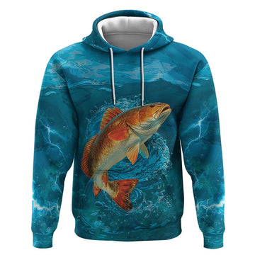 Personalized Redfish Puppy Drum Leaping in Ocean Splash Hoodie Blue Lightning Water Background Design TS04