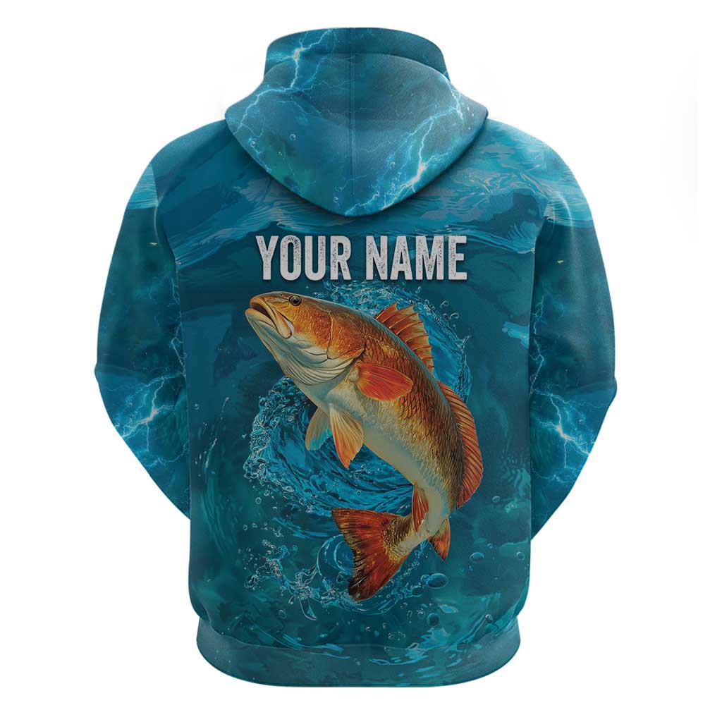 Personalized Redfish Puppy Drum Leaping in Ocean Splash Hoodie Blue Lightning Water Background Design TS04
