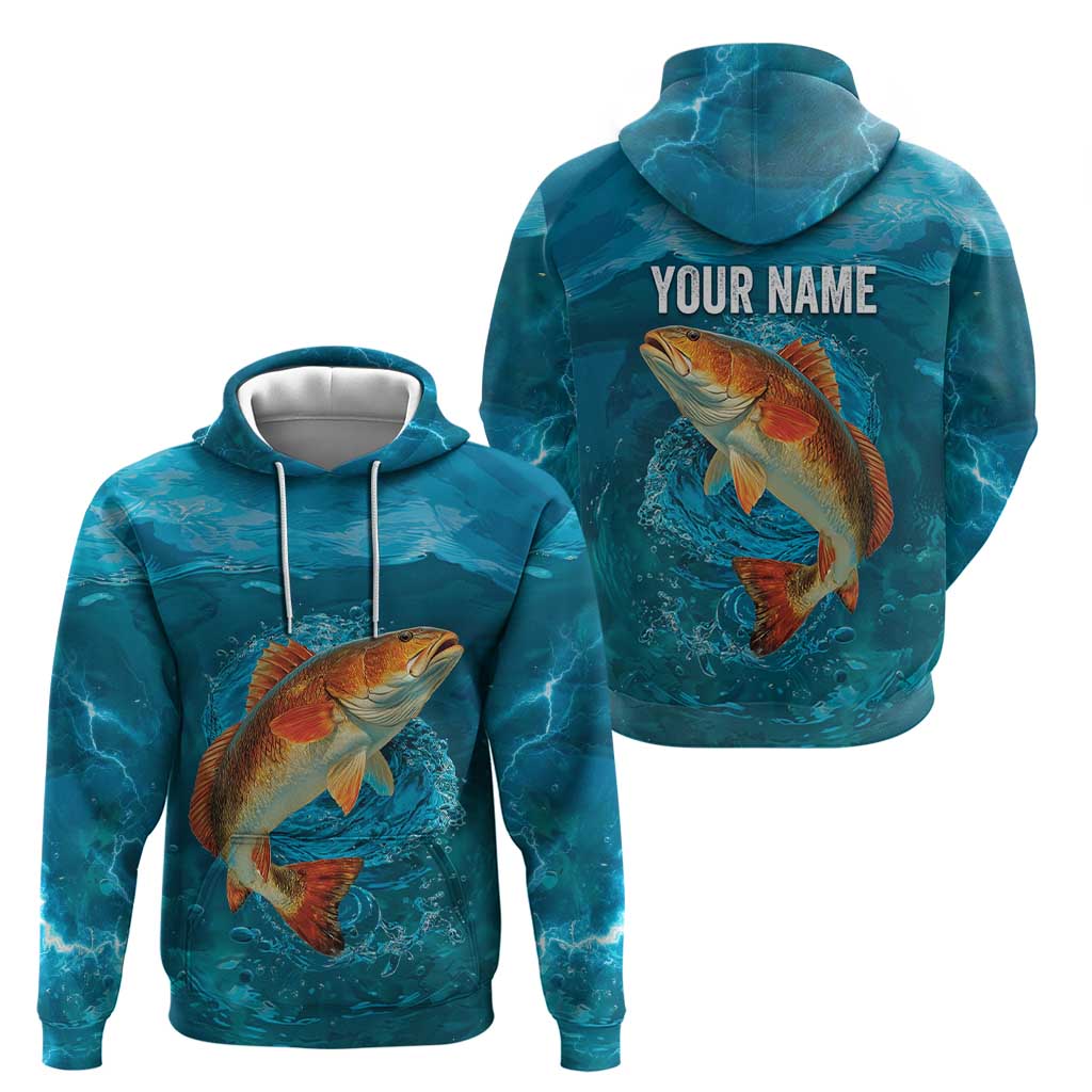 Personalized Redfish Puppy Drum Leaping in Ocean Splash Hoodie Blue Lightning Water Background Design TS04