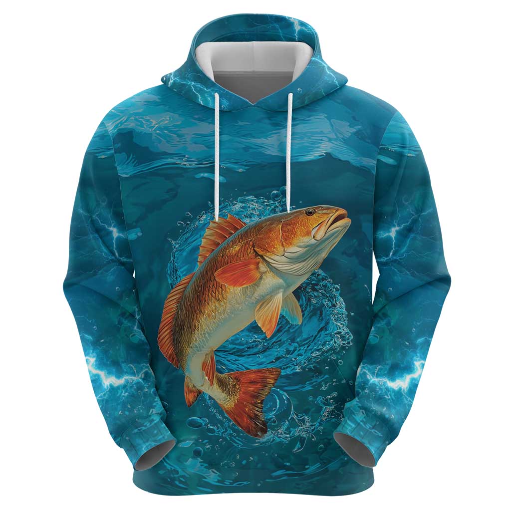 Personalized Redfish Puppy Drum Leaping in Ocean Splash Hoodie Blue Lightning Water Background Design TS04