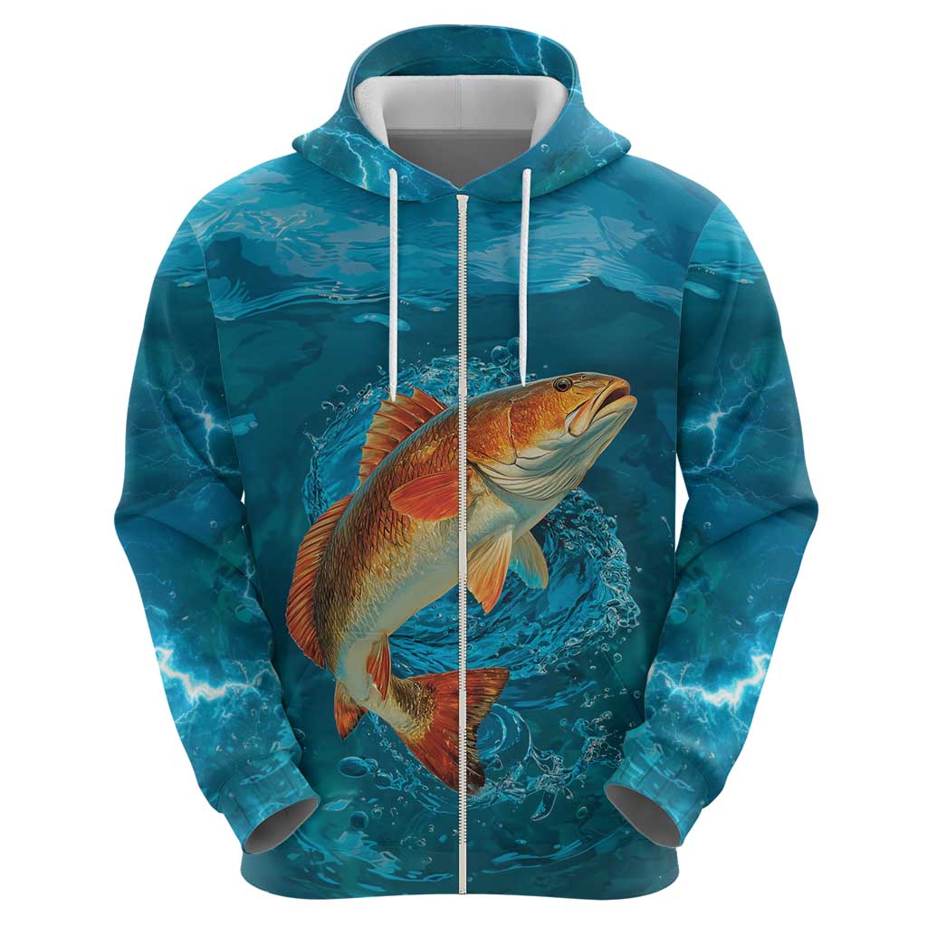Personalized Redfish Puppy Drum Leaping in Ocean Splash Hoodie Blue Lightning Water Background Design TS04