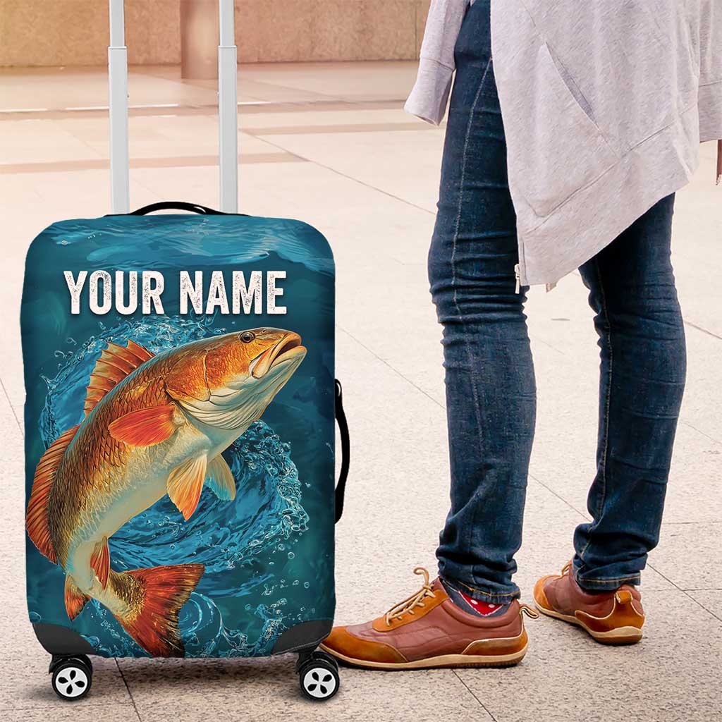 Personalized Redfish Puppy Drum Leaping in Ocean Splash Luggage Cover Blue Lightning Water Background Design TS04