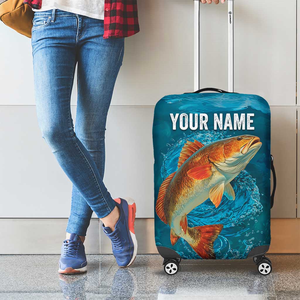 Personalized Redfish Puppy Drum Leaping in Ocean Splash Luggage Cover Blue Lightning Water Background Design TS04