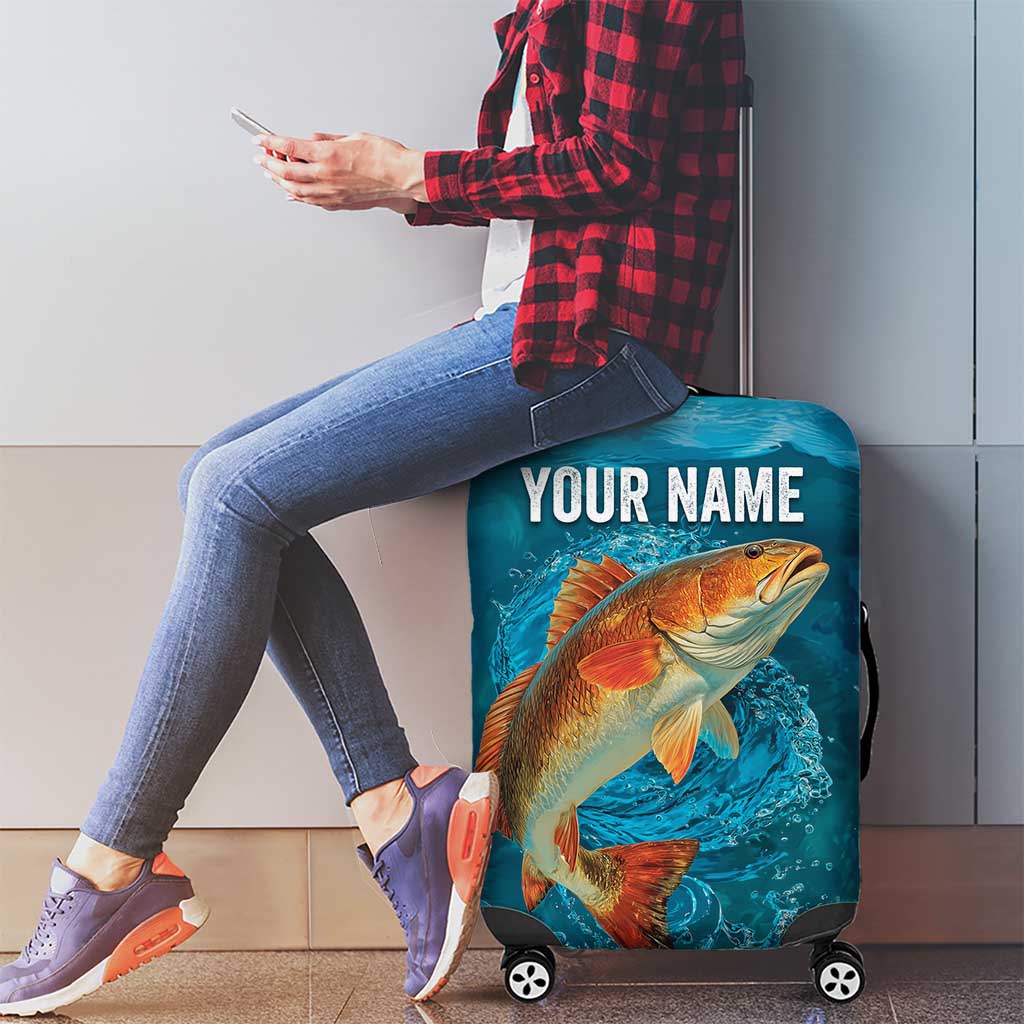 Personalized Redfish Puppy Drum Leaping in Ocean Splash Luggage Cover Blue Lightning Water Background Design TS04