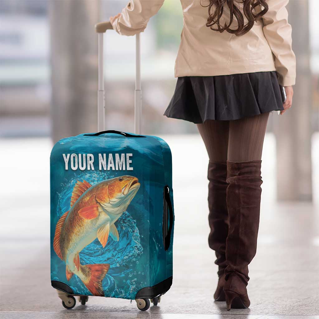 Personalized Redfish Puppy Drum Leaping in Ocean Splash Luggage Cover Blue Lightning Water Background Design TS04
